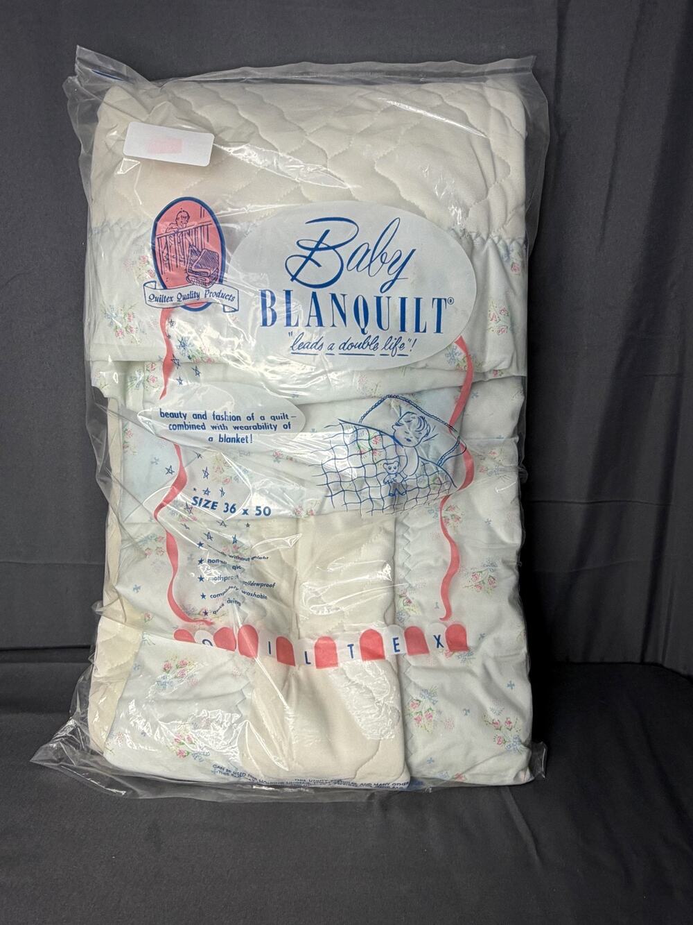 Vintage Quiltex Baby Blanquilt 36x50" Blue Lamb Satin Trim Orig Pkg